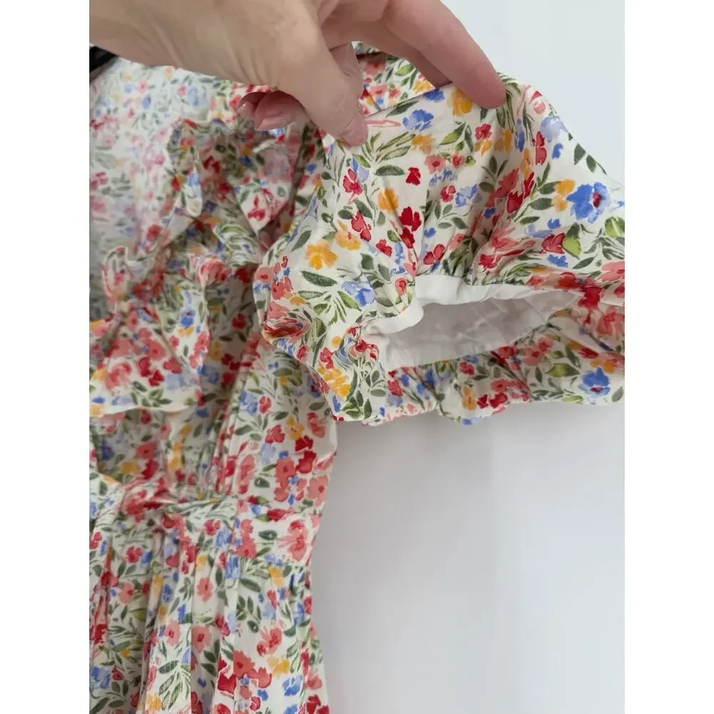 RESET Floral Print Mini Wrap Dress Womens Large White Puff Sleeve Lined - Picture 6 of 13